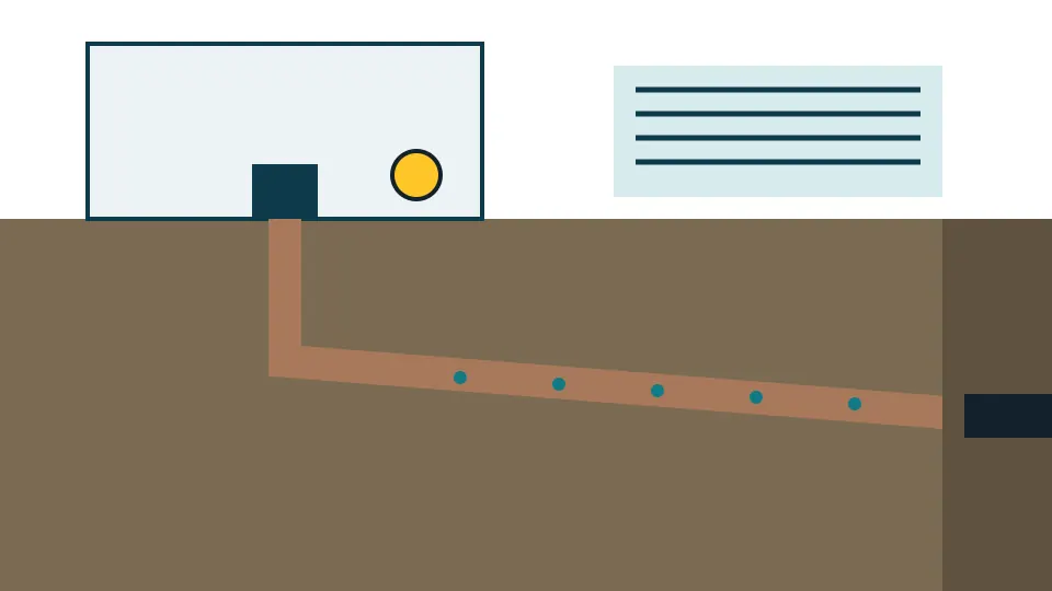 Illustration of a basement sewer cleanout with the cap removed and a lateral pipe running out to the street