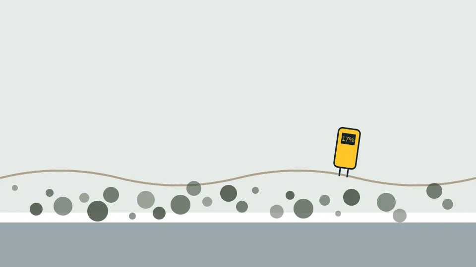 Illustration of a basement wall with dark mold spots near the floor and a moisture meter held against it