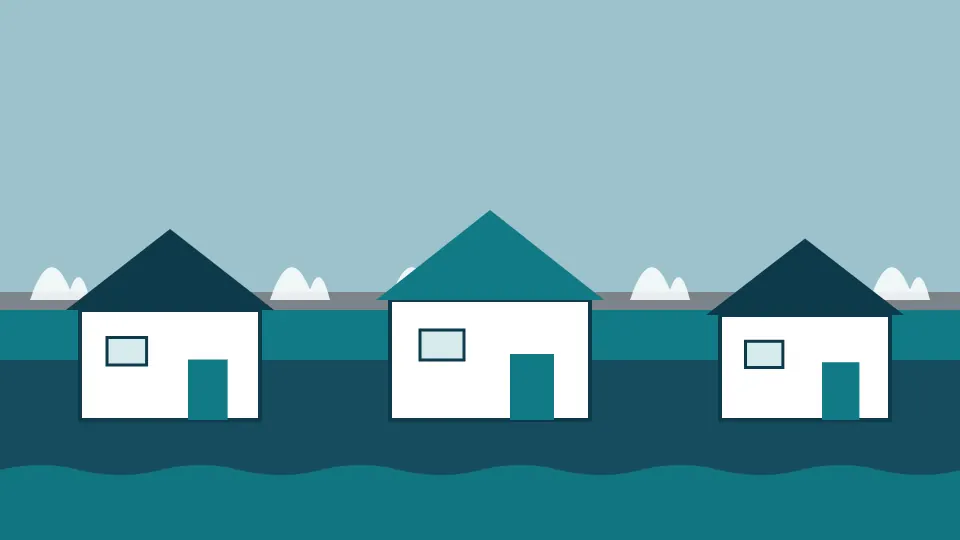 Illustration of waves splashing over a break wall beside low houses on a flooded street