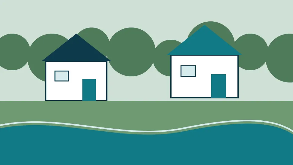 Illustration of homes on a wooded lot beside a creek running high after rain